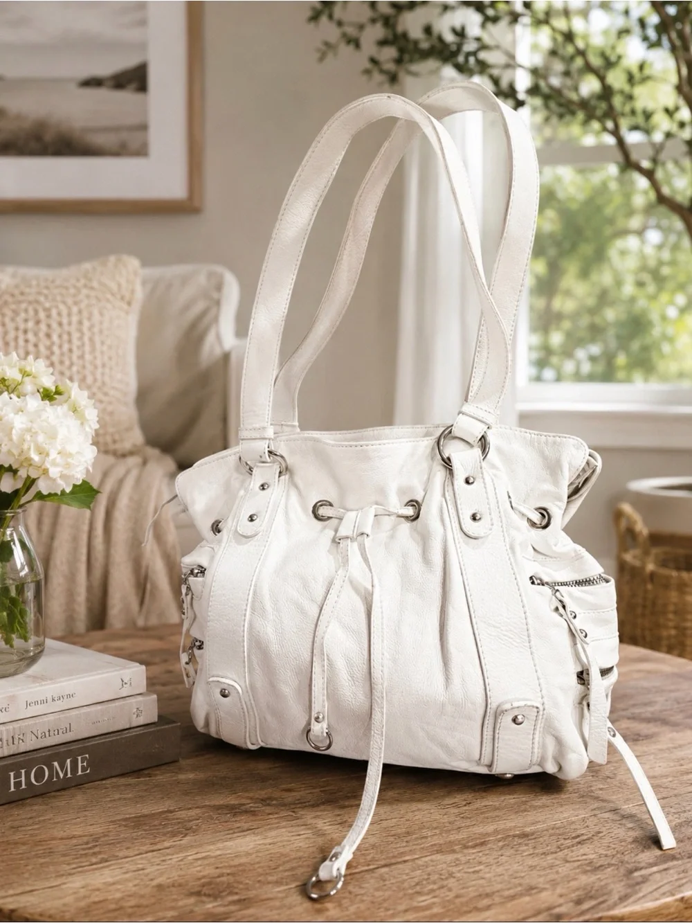 White Leather Drawstring Shoulder Bag